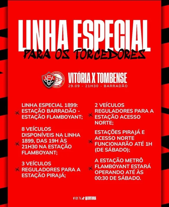 Integração com ônibus e Metrô é ofertada aos torcedores que irão acompanhar Vitória x Tombense, no Barradão