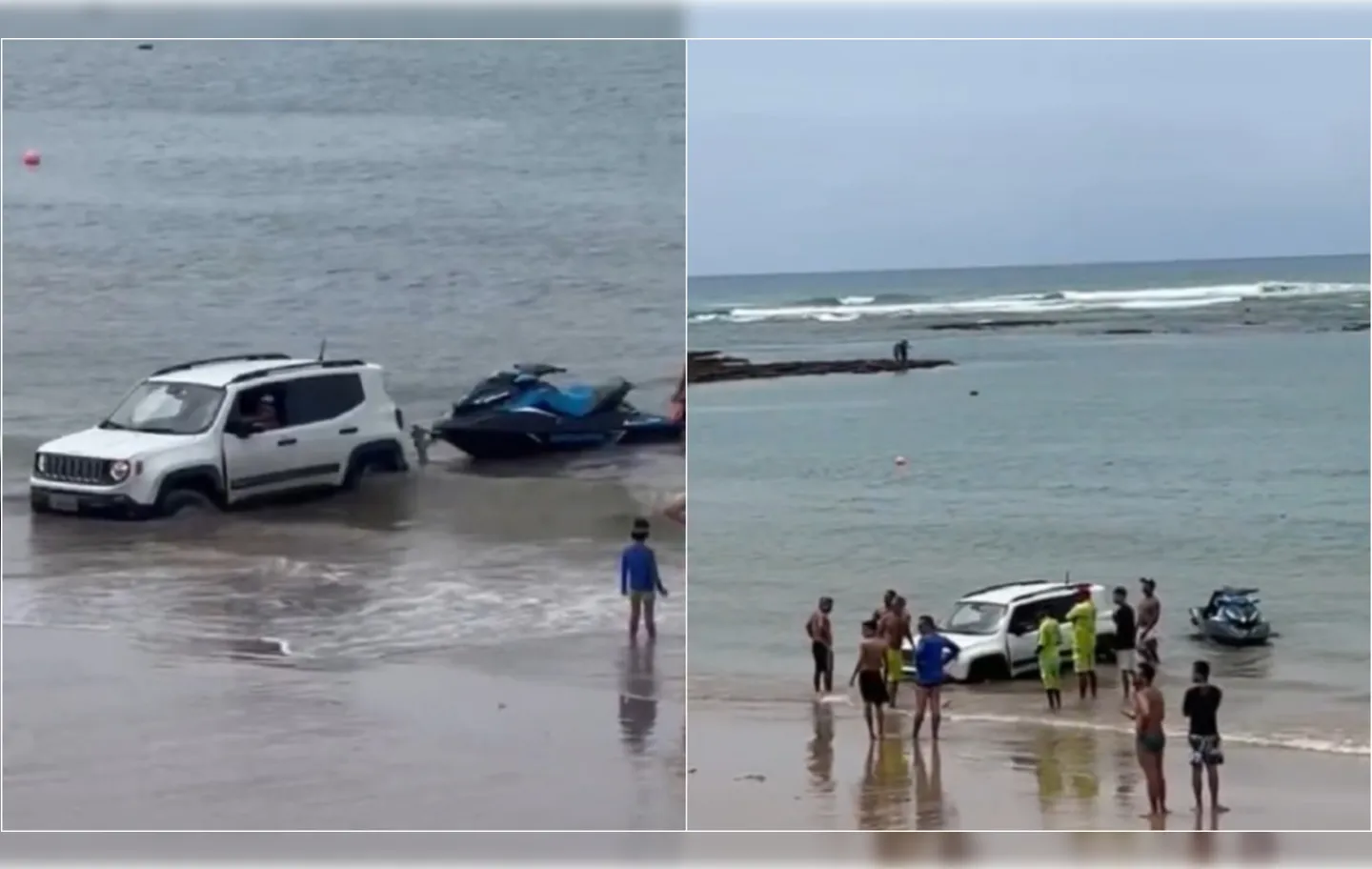 Pessoas tentam ajudar motorista após carro atolar em praia na Bahia