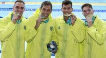 Imagem ilustrativa da imagem Brasil é ouro no revezamento 4x200m livre masculino na natação