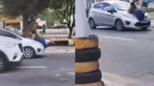 Imagem ilustrativa da imagem Vídeo: mulher sobe no capô de carro após flagrar marido com outra