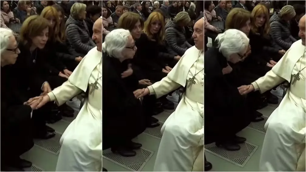 No vídeo, Fernanda Torres apresenta a mãe ao pontífice que estende a mão à atriz
