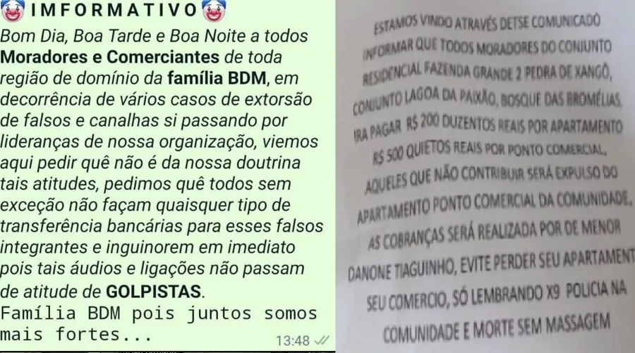 Facção criminosa emitiu comunicado desmentindo autoria das cobranças