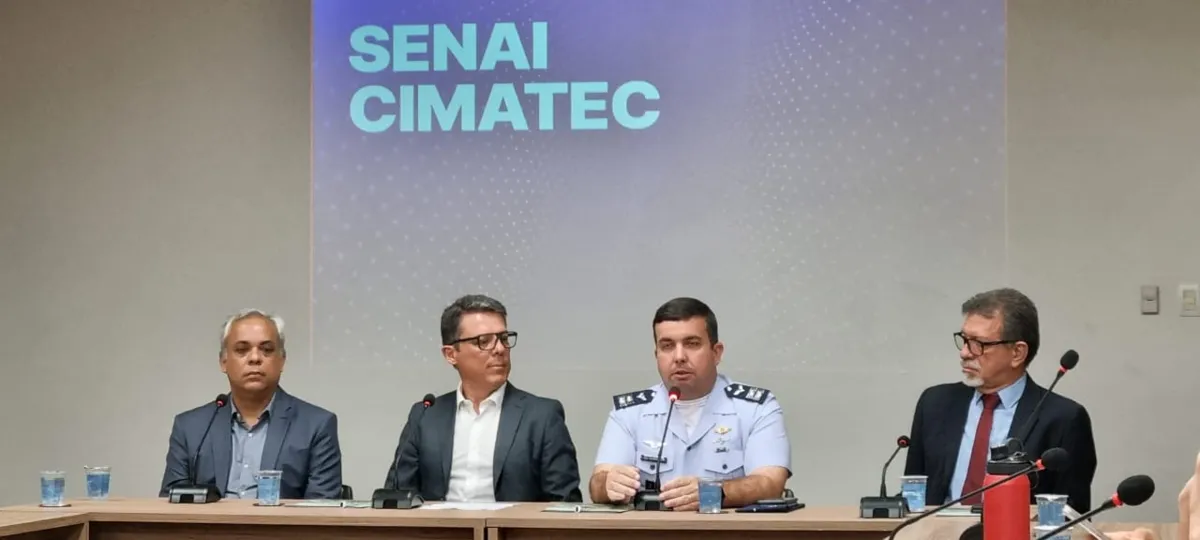 André Joazeiro, André Oliveira, Coronel Guimarães e Afonso Florence, em coletiva no Senai Cimatec