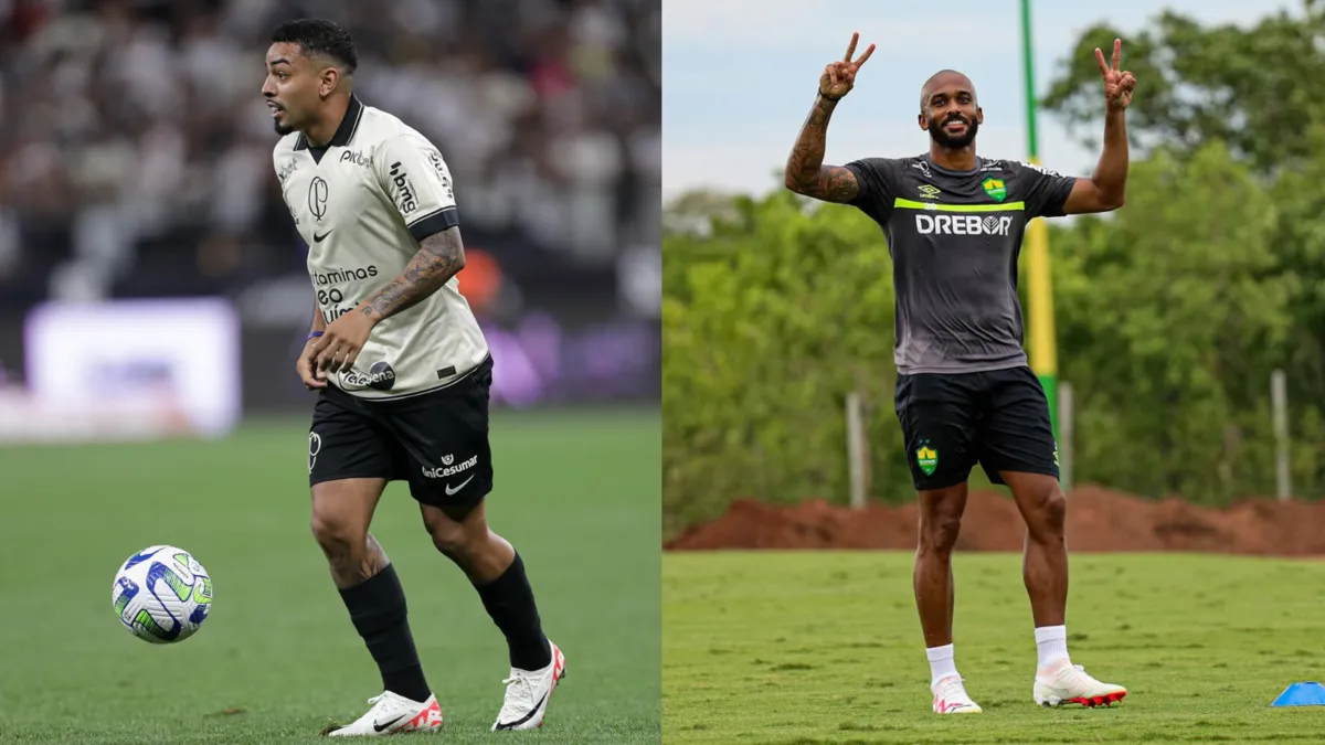 Matheus Bidu (à esq.), em campo pelo Corinthians, e PK, em treino do Cuiabá