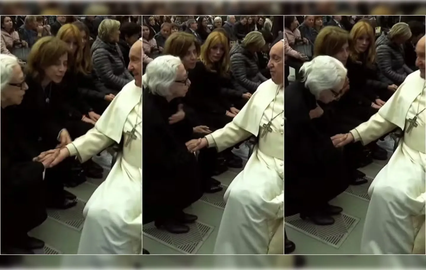 No vídeo, Fernanda Torres apresenta a mãe ao pontífice que estende a mão à atriz