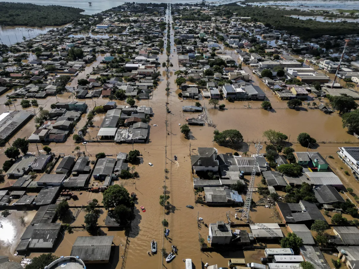 Vista aérea das enchentes em Eldorado do Sul, estado do Rio Grande do Sul