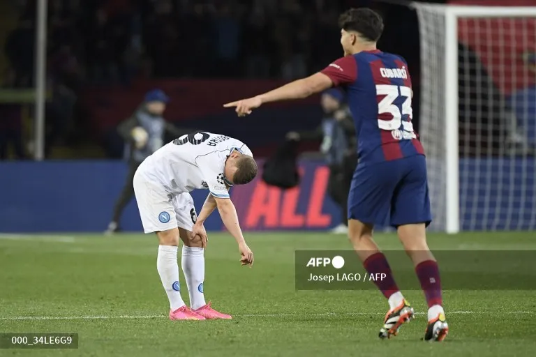 Fermín Lopez celebra o primeiro gol do Barcelona diante da Napoli