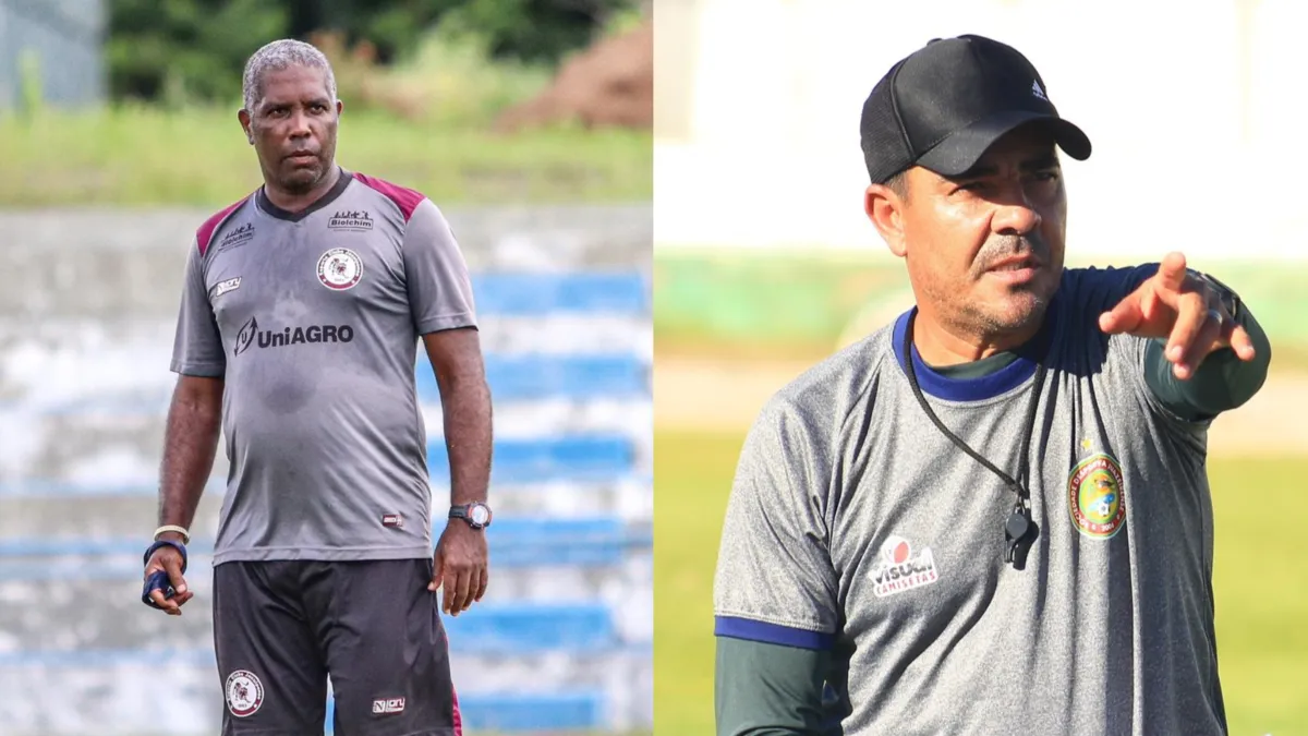 Jonilson Veloso (à esq.), técnico do Jacuipense, e Evandro Guimarães, técnico da Juazeirense
