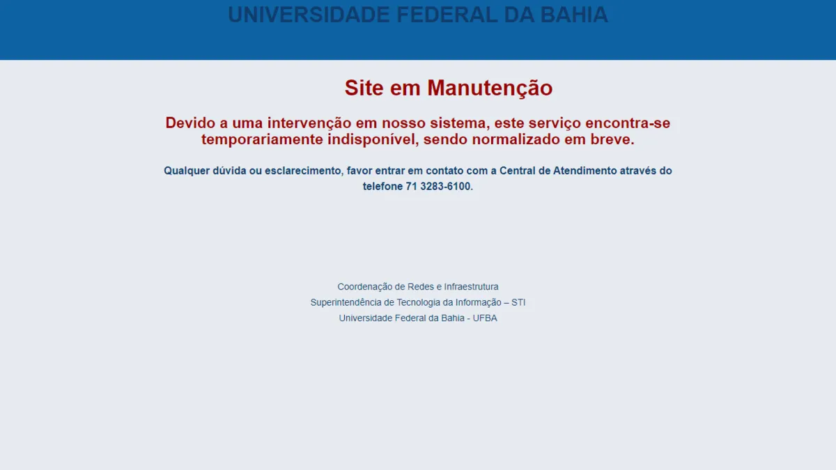 Ao tentar acessar site, internauta é levado a uma página com um aviso da Coordenação de Redes e Infraestrutura da UIfba.