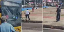 Imagem ilustrativa da imagem Passageiro joga pedra em ônibus e rodoviário revida; assista briga