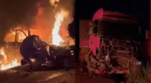 Imagem ilustrativa da imagem Veículo entra em combustão após invadir contramão e bater em carreta