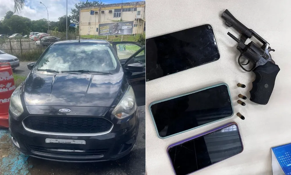 Veículo recuperado, modelo Ford Ka preto, foi apresentado juntamente com o material apreendido