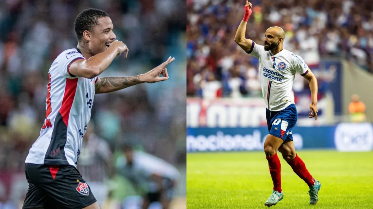 Janderson, do Vitória, e Thaciano, do Bahia, comemorando gols