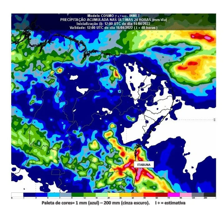 Imagens de satélite do Instituto Nacional de Meteorologia mostrando atuação de frente fria em Itabuna