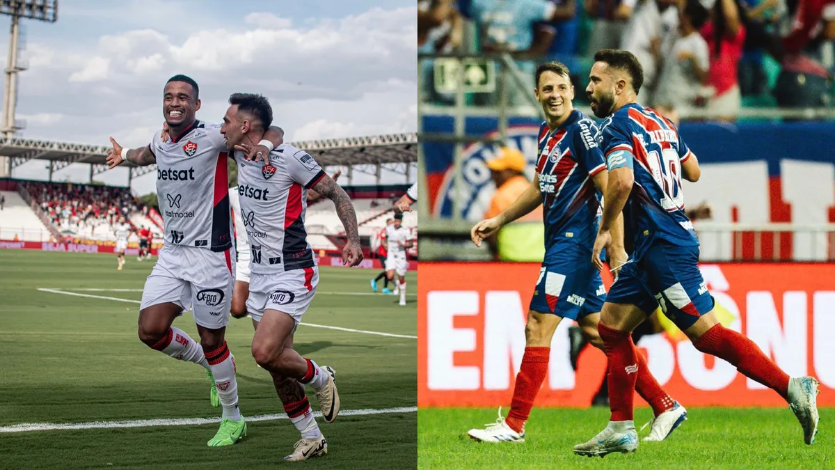 Jogadores do Vitória comemorando à esquerda e jogadores do Bahia na direita