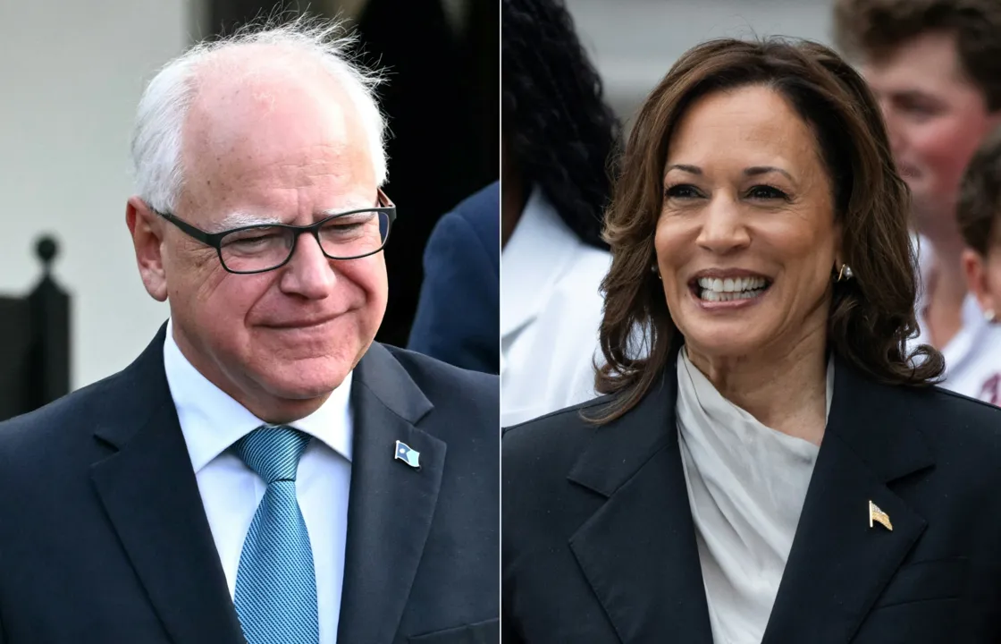 (COMBO) This combination of pictures created on August 2, 2024, shows US Vice President Kamala Harris in Washington, DC on July 22, 2024, and Governor of Minnesota Tim Walz in Washington, DC, July 3, 2024. Harris named Walz as her running mate on August 6, 2024, US media reported, as the vice president prepares to take on Republican Donald Trump in November's US election. (Photo by Jim WATSON and Chris Kleponis / AFP)