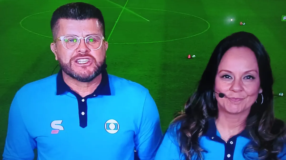 Odinei Ribeiro e Fabíola Andrade na transmissão de Bragantino x Fortaleza