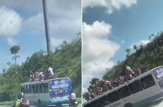 Torcedores se arriscam em cima de ônibus na BR 324