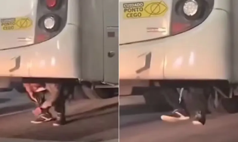 Imagem ilustrativa da imagem Flintstones? Homem viaja em ônibus com os pés no asfalto