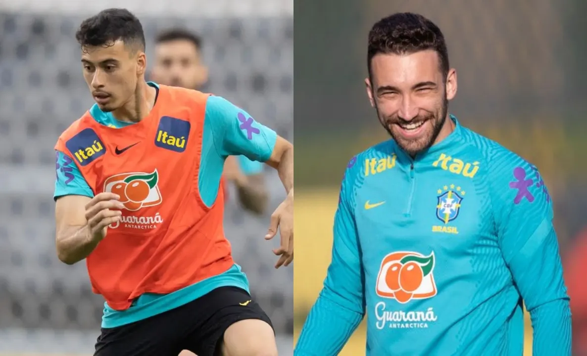 Gabriel Martinelli e Léo Ortiz em treino pela Seleção Brasileira