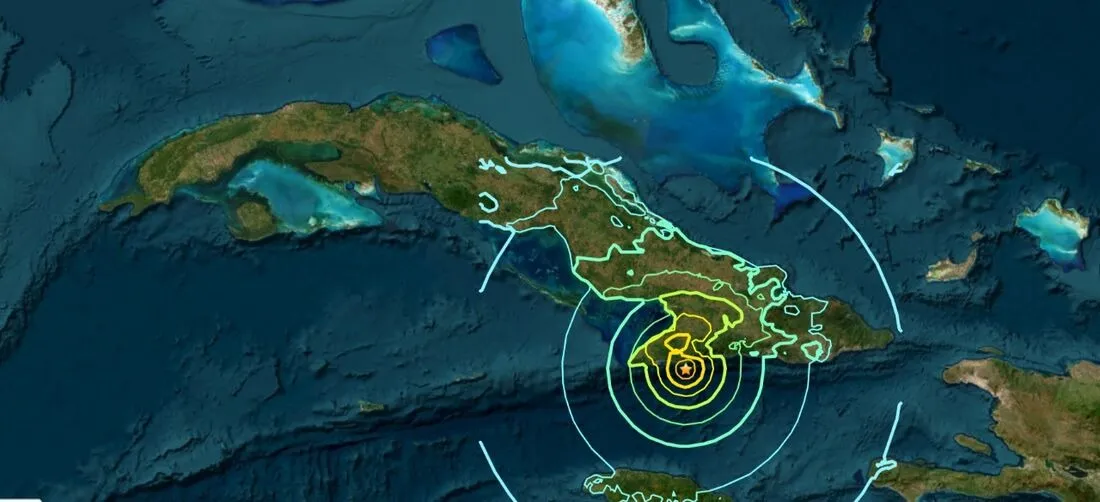 Mapa do sistema Earthquake USGS mostra o epicentro e as áreas atingidas do terremoto em Cuba