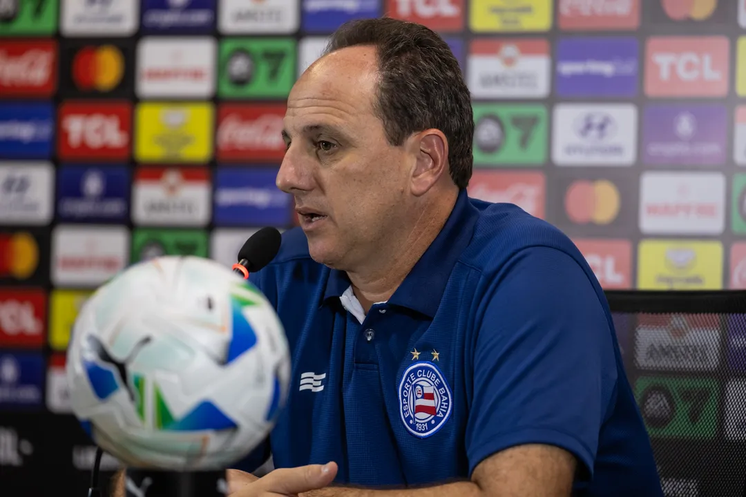 Técnico Rogério Ceni em coletiva de imprensa após jogo do Bahia na Libertadores