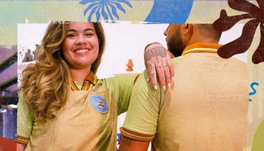 Nova camisa tricolor tem tons terrosos com ilustrações de elementos da cultura baiana