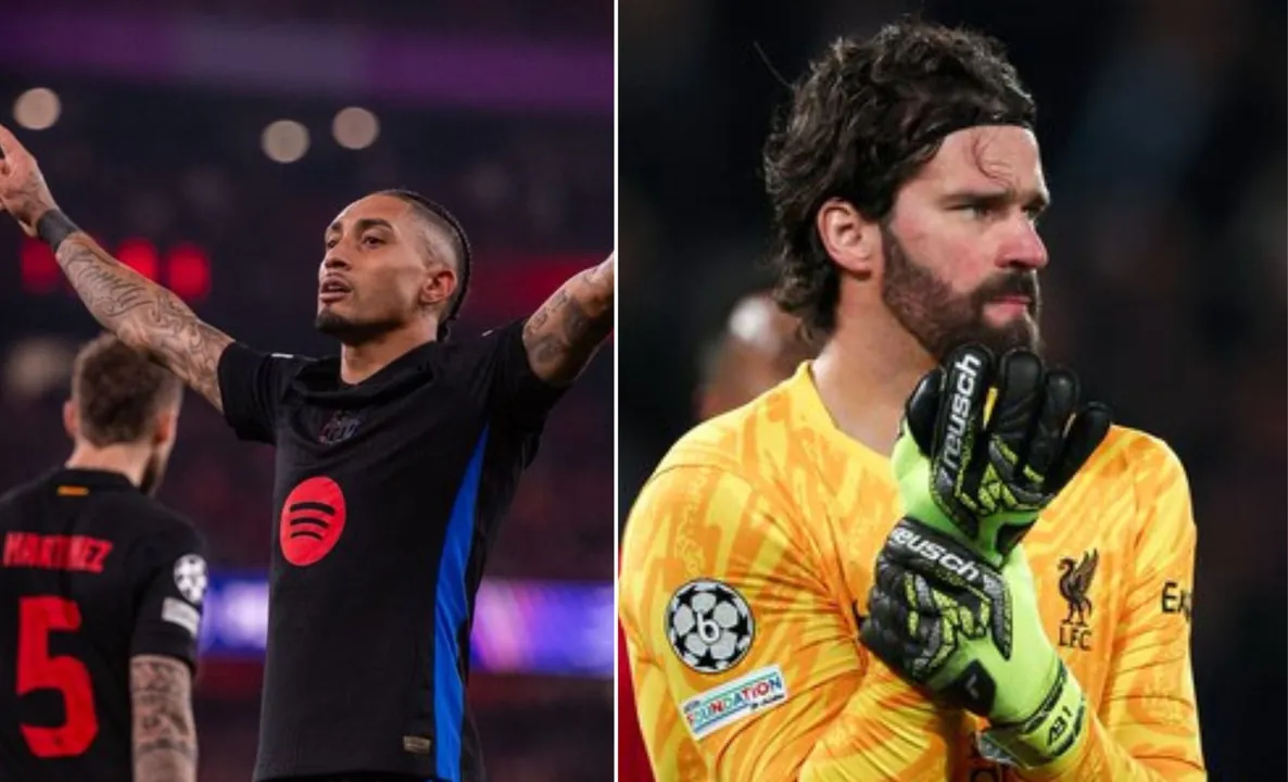 Raphinha e Alisson, jogadores de Barcelona e Liverpool, respectivamente