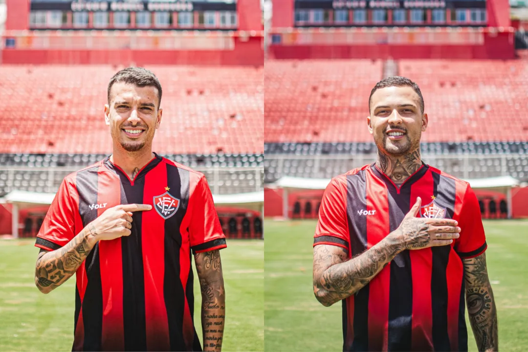 Bruno Xavier (à esq.) e Thiaguinho vão jogar juntos no Vitória em 2025