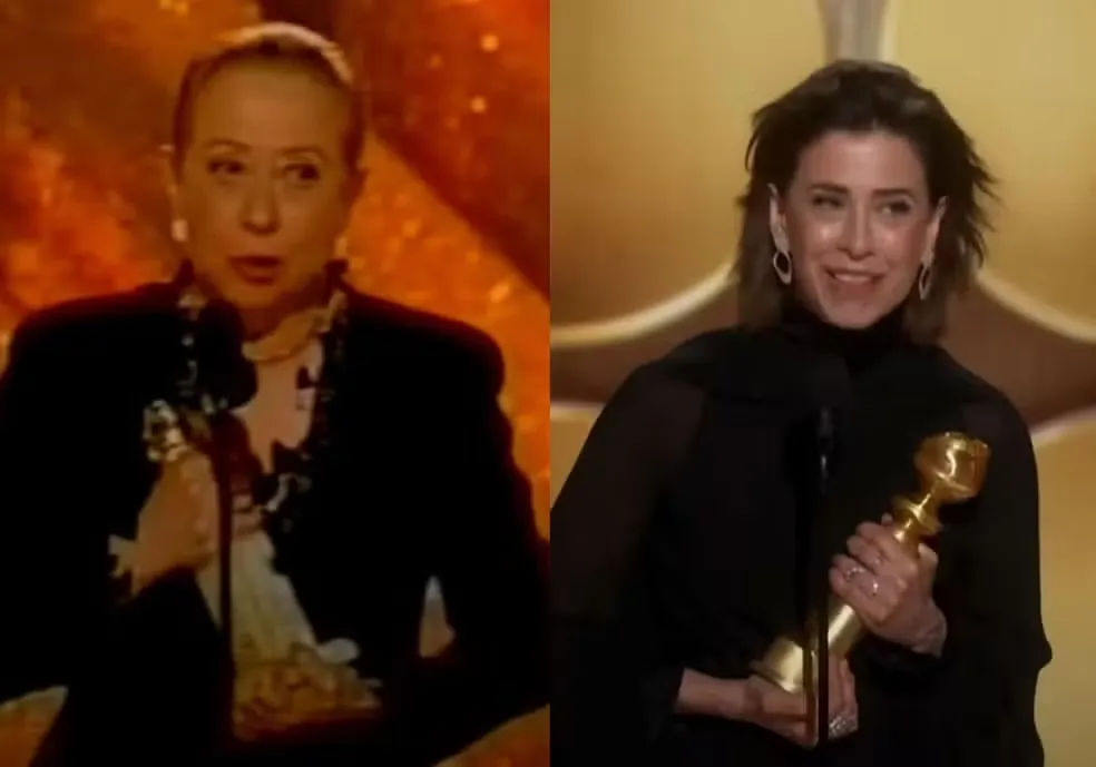 Fernanda Montenegro no Globo de Ouro em 1999 (à esquerda) e Fernanda Torres no Globo de Ouro em 2025 (à direita)