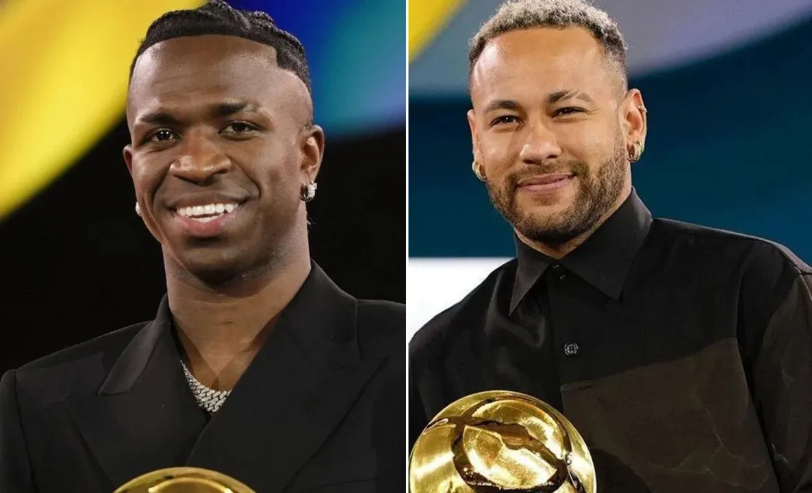 Vini Jr e Neymar durante premiação da Globe Soccer Awards nesta sexta-feira