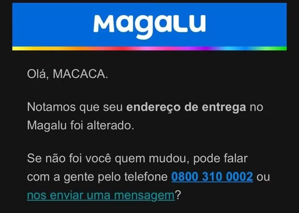 Susan recebeu e-mail da Magazine Luiza com a frase "Olá, MACACA"