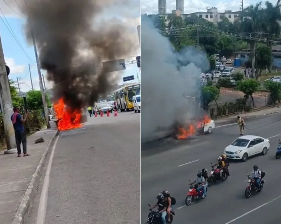 Carro pegou fogo próximo a entrada da Rodoviária de Salvador