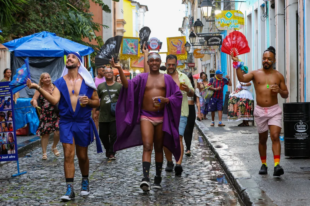 Foliões usaram leques carnavalescos no lugar de guarda-chuvas ou capas