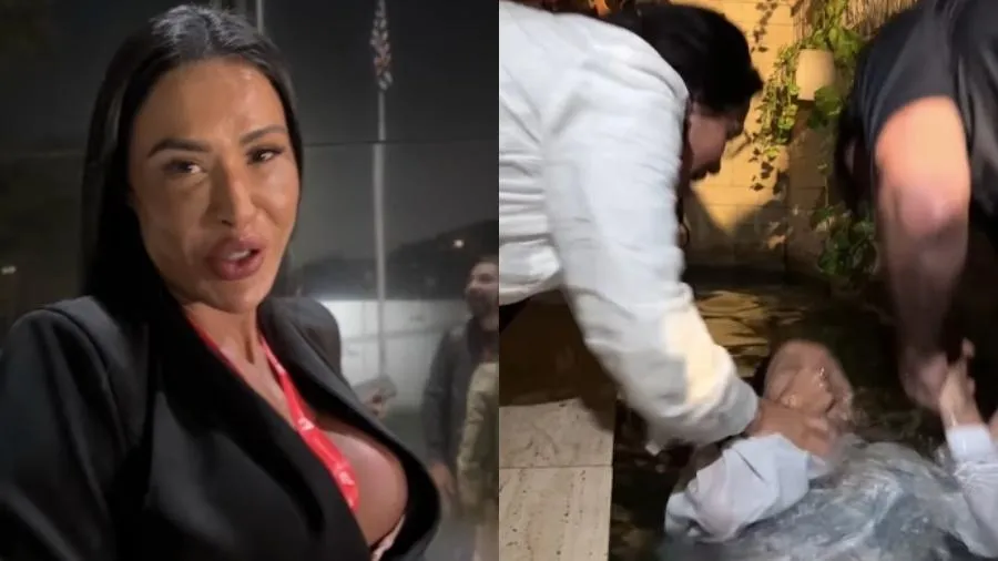 Assista: vestindo decote sensual, Gracyanne se batiza com Pablo Marçal