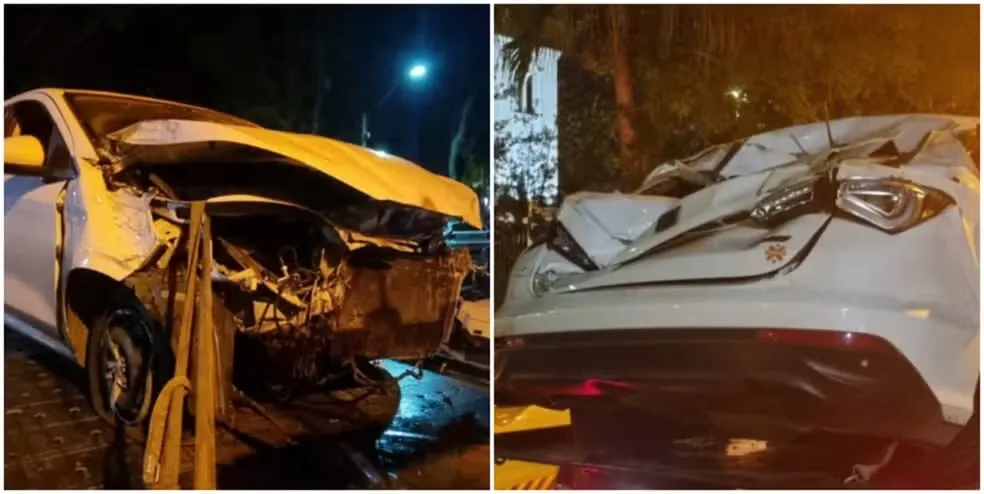 Carro foi destruído durante a fuga do assaltante