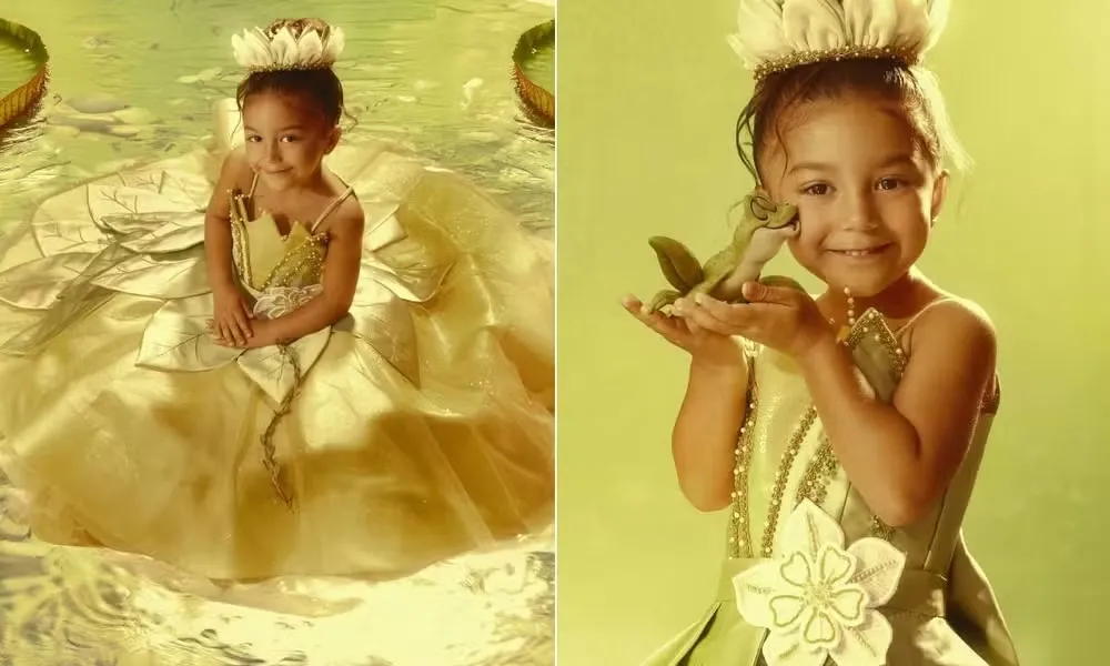 Liz escolheu se fantasiar de Tiana, protagonista de A Princesa e o Sapo, para sua festa