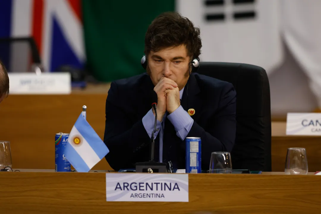 O presidente da Argentina, Javier Milei, participa da plenária sobre reforma das instituições no G20.