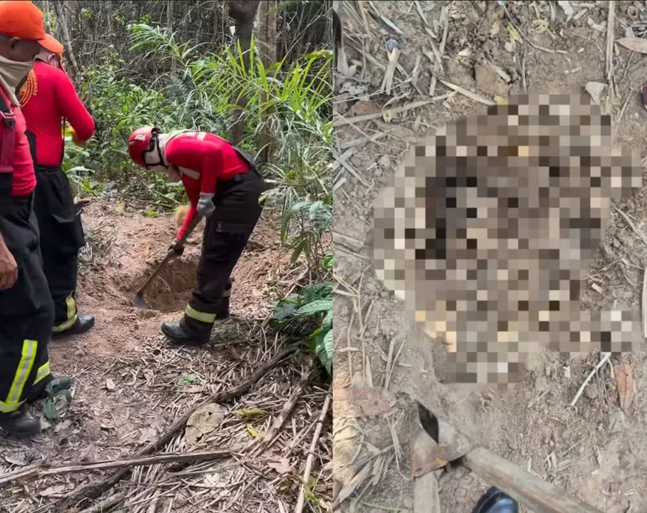 Agentes do Corpo de Bombeiros e da Polícia Técnica fizeram escavações para retirar os corpos
