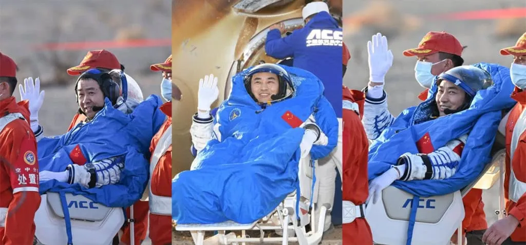 Chen Dong, Chen Zhongrui e Wang Jie recebendo os primeiros atendimentros, após pouso na Terra