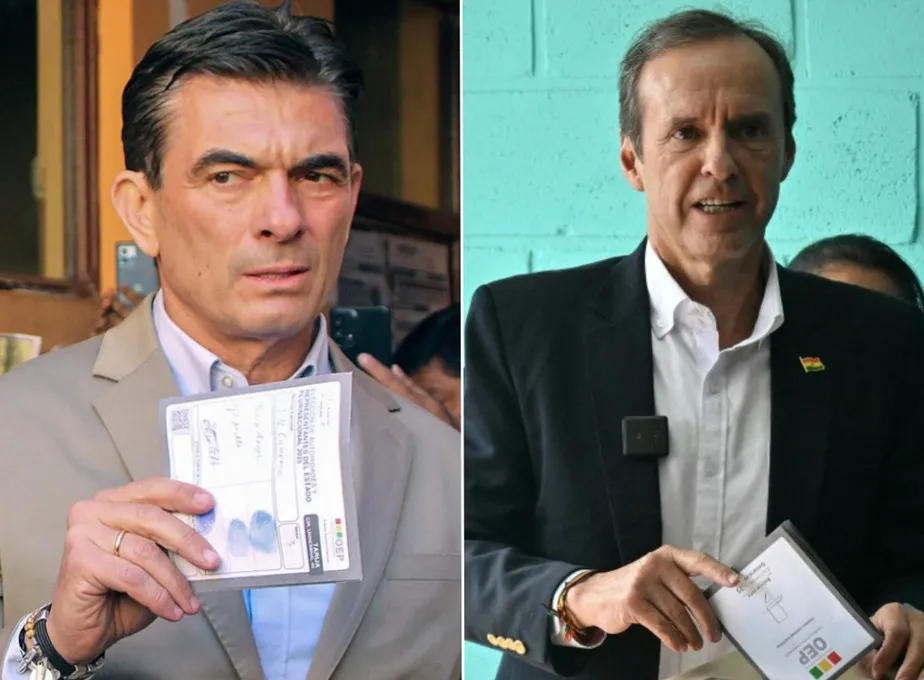 Candidatos a presidente da Bolívia Rodrigo Paz (à esq.) e Jorge 'Tuto' Quiroga (à dir.)