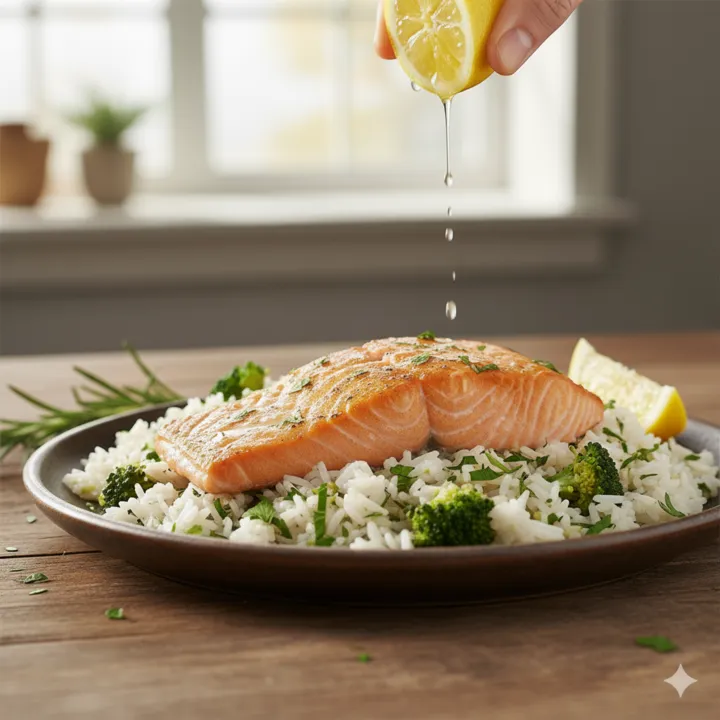 Prato é finalizado servindo o salmão sobre a mistura de arroz com gotas de limão