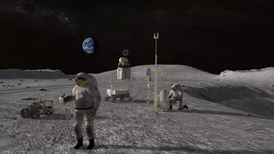 Ilustração de astronauta trabalhando na Lua na futura colonização do satélite natural