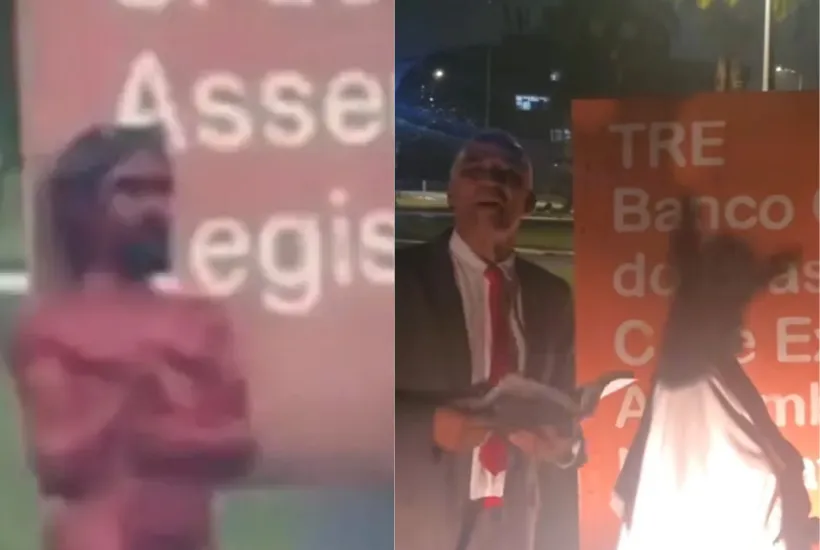Durante o vídeo, o deputado aparece na frente do local defendendo que a peça fosse retirada da área pública