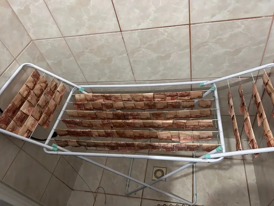 Imagem ilustrativa da imagem Polícia apreende R$ 400 mil em espécie e parte 'secando' em varal