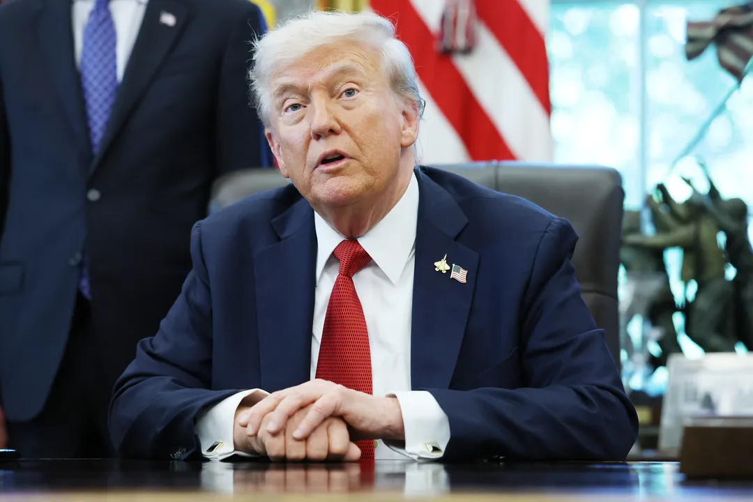 WASHINGTON, DC - OCTOBER 06: U.S. President Donald Trump speaks in the Oval Office at the White House on October 06, 2025 in Washington, DC. Trump and other cabinet secretaries spoke on an executive order that will increase the development and production of Alaska's natural resources.   Anna Moneymaker/Getty Images/AFP (Photo by Anna Moneymaker / GETTY IMAGES NORTH AMERICA / Getty Images via AFP)