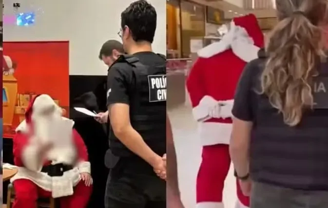 Papai Noel sendo preso no Lages Shopping Center