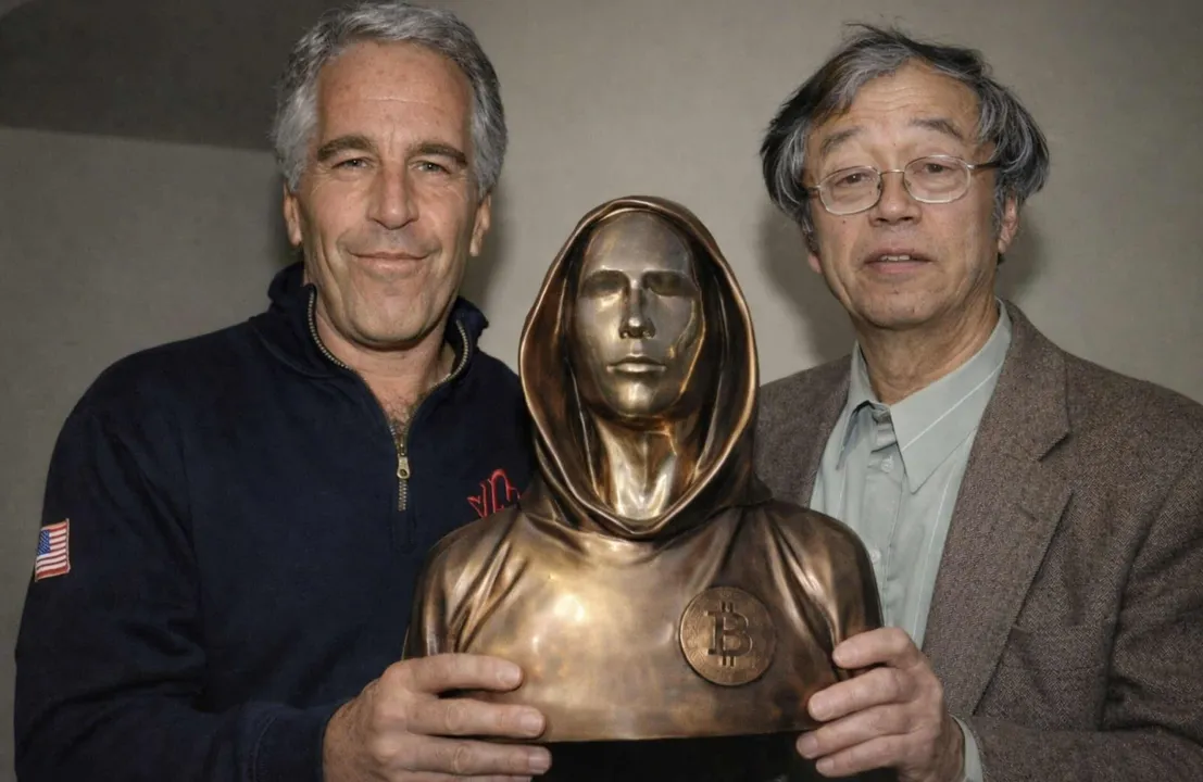 Imagem gerada por inteligência artificial ilustra suposta conexão entre o criminoso sexual Jeffrey Epstein e o suposto criador do Bitcoin