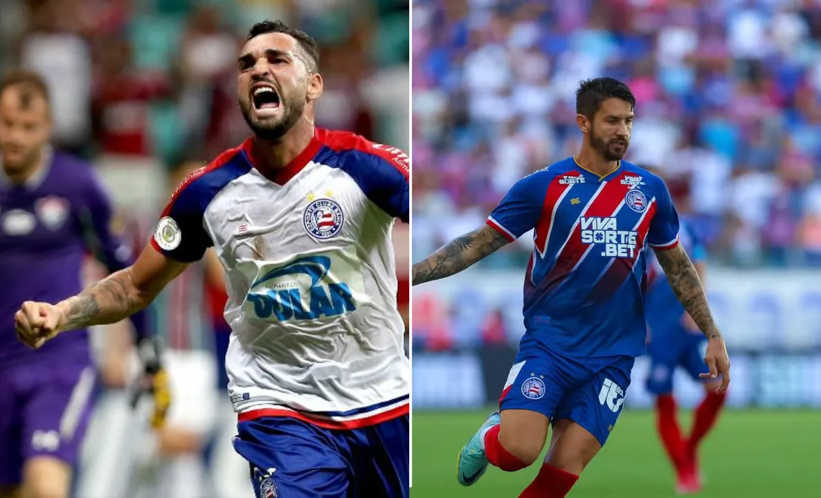 Gilberto e Everaldo em campo com a camisa do Bahia