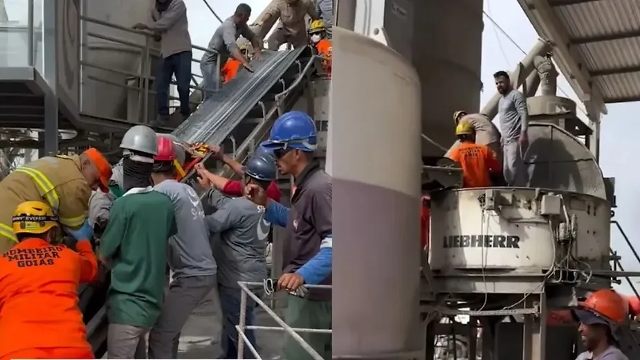 Equipes trabalham na retirada de corpo na empresa de construção civil